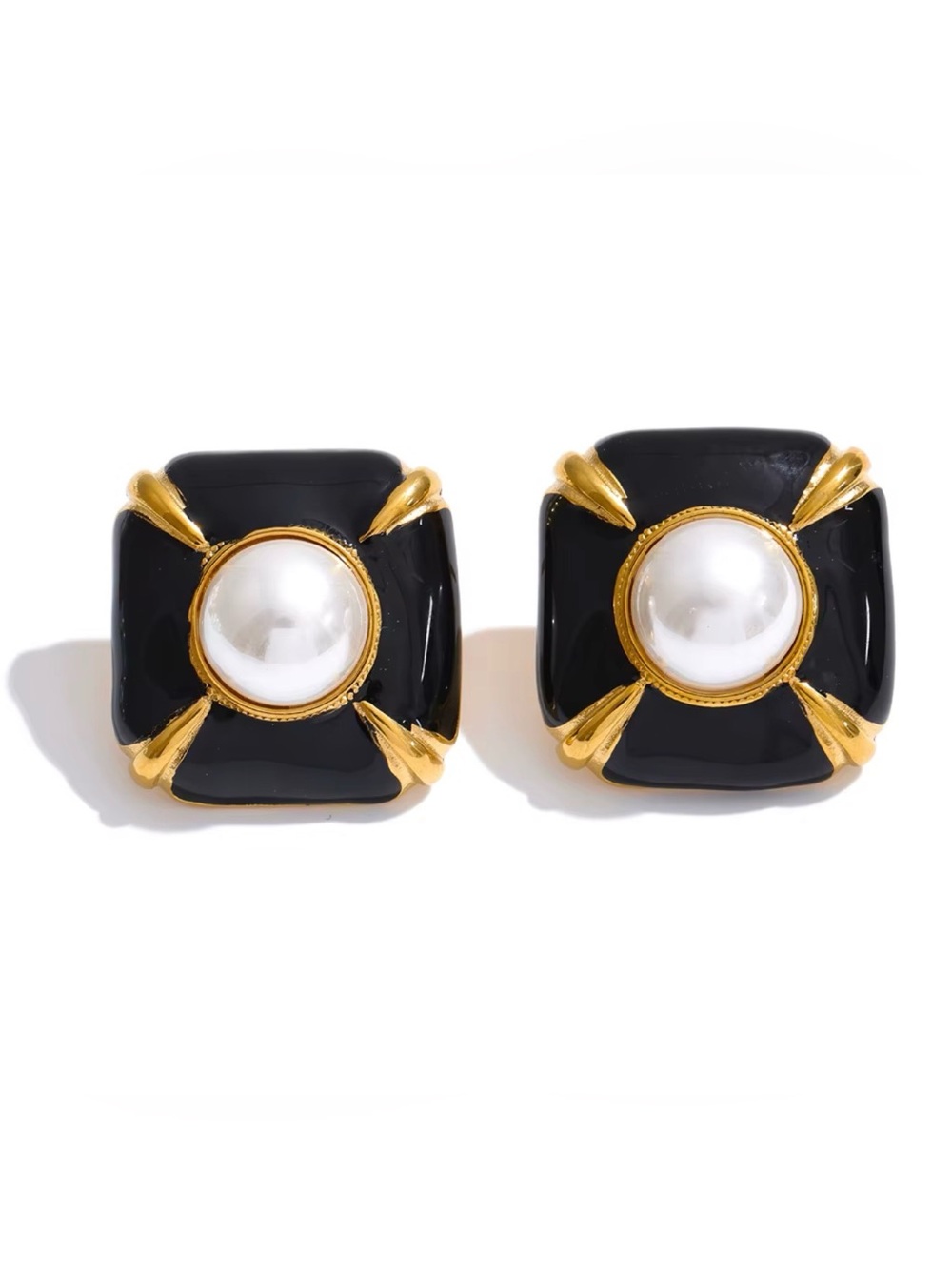 Black Enamel & Pearl Gold-Accent Square Stud Earrings